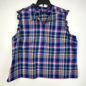Tommy Hilfiger Womens 2X Popover Plaid Top Shirt 100% Cotton Blue Multi Ruffles